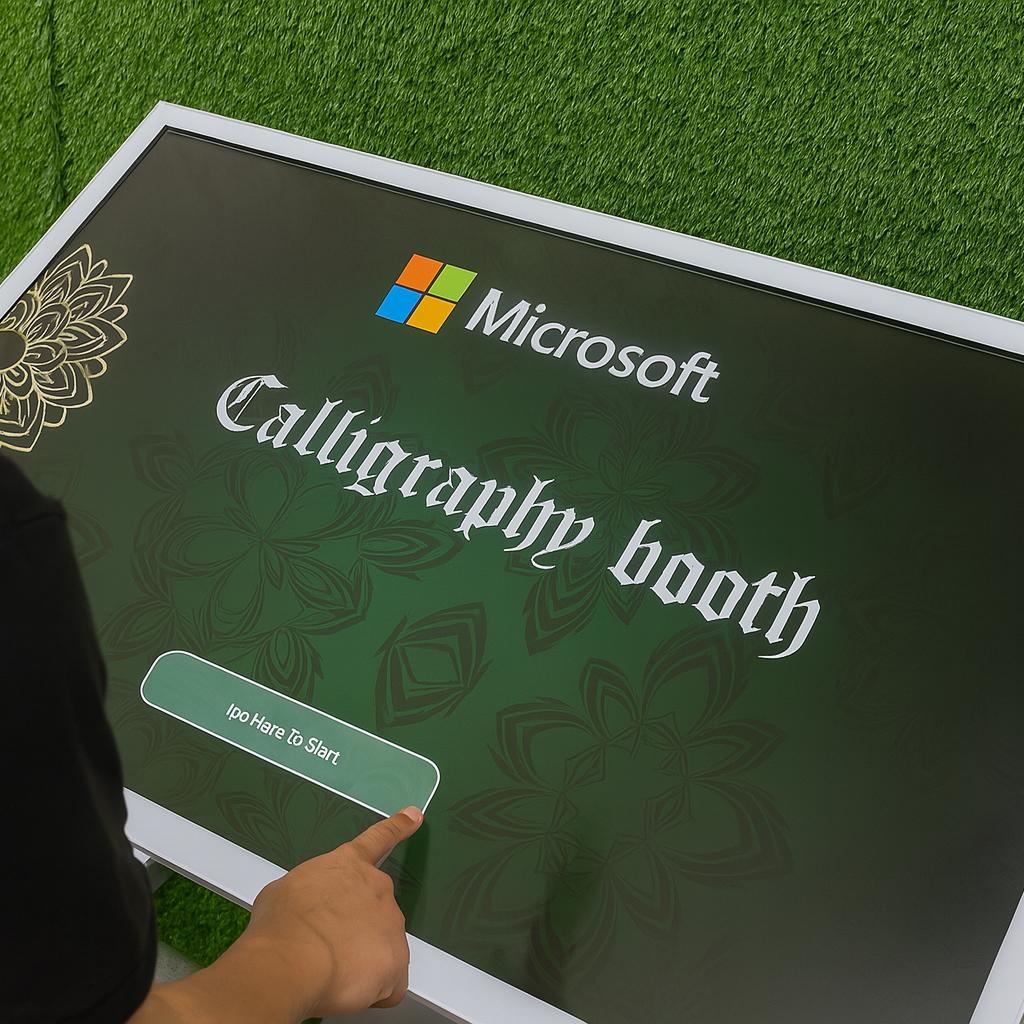 Guest receiving printed Arabic calligraphy artwork at a live event in Dubai, showcasing AI-powered personalized calligraphy in an elegant cultural setting.